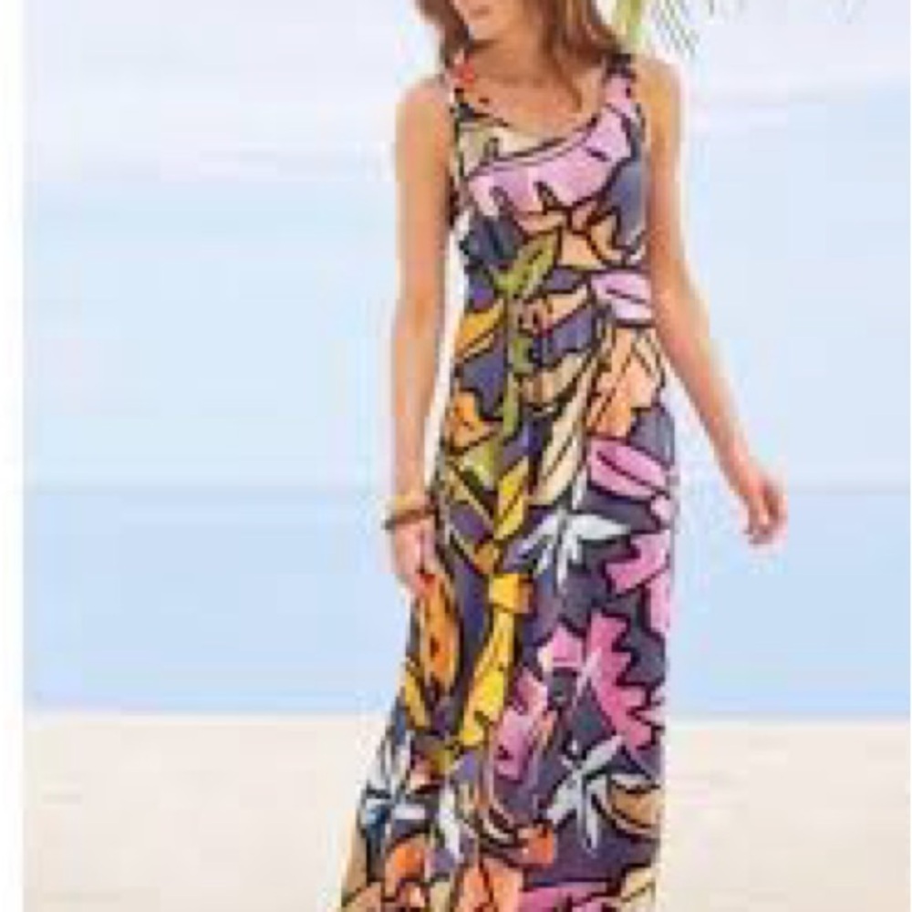 Soft Surroundings dress Maxi Joylyn Cinched Waist Palm Leaf Print size M NWT